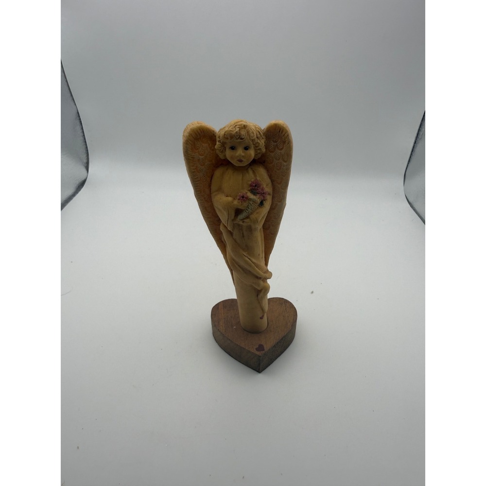 Vintage SAR Angel Figurine Cherub with Flowers on Wood Heart Base Resin Statue
